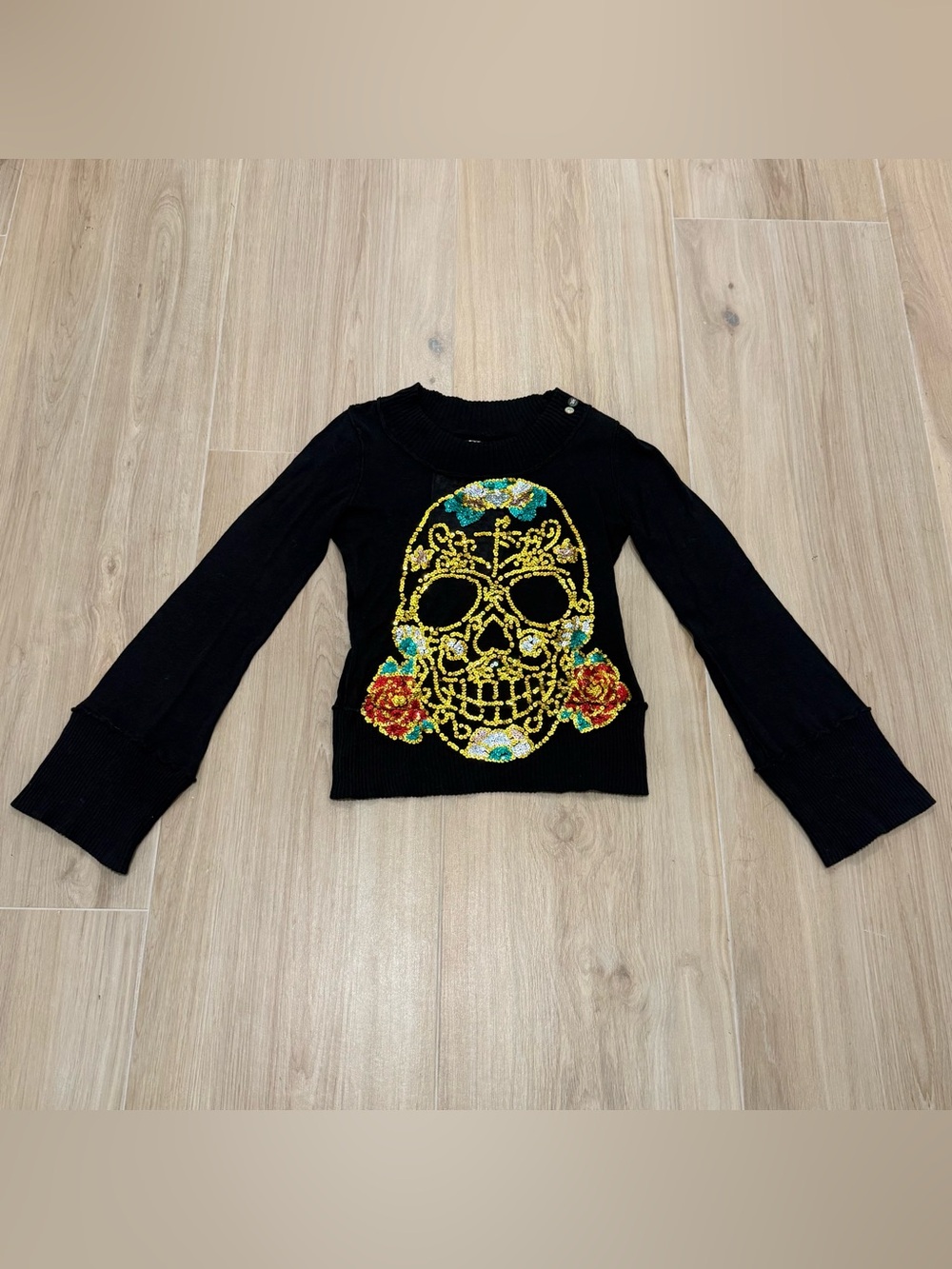 Rare vtg JOYSTICK by Johnny Was y2k black sequin sugar skull silk blend sweater - Picture 2 of 10